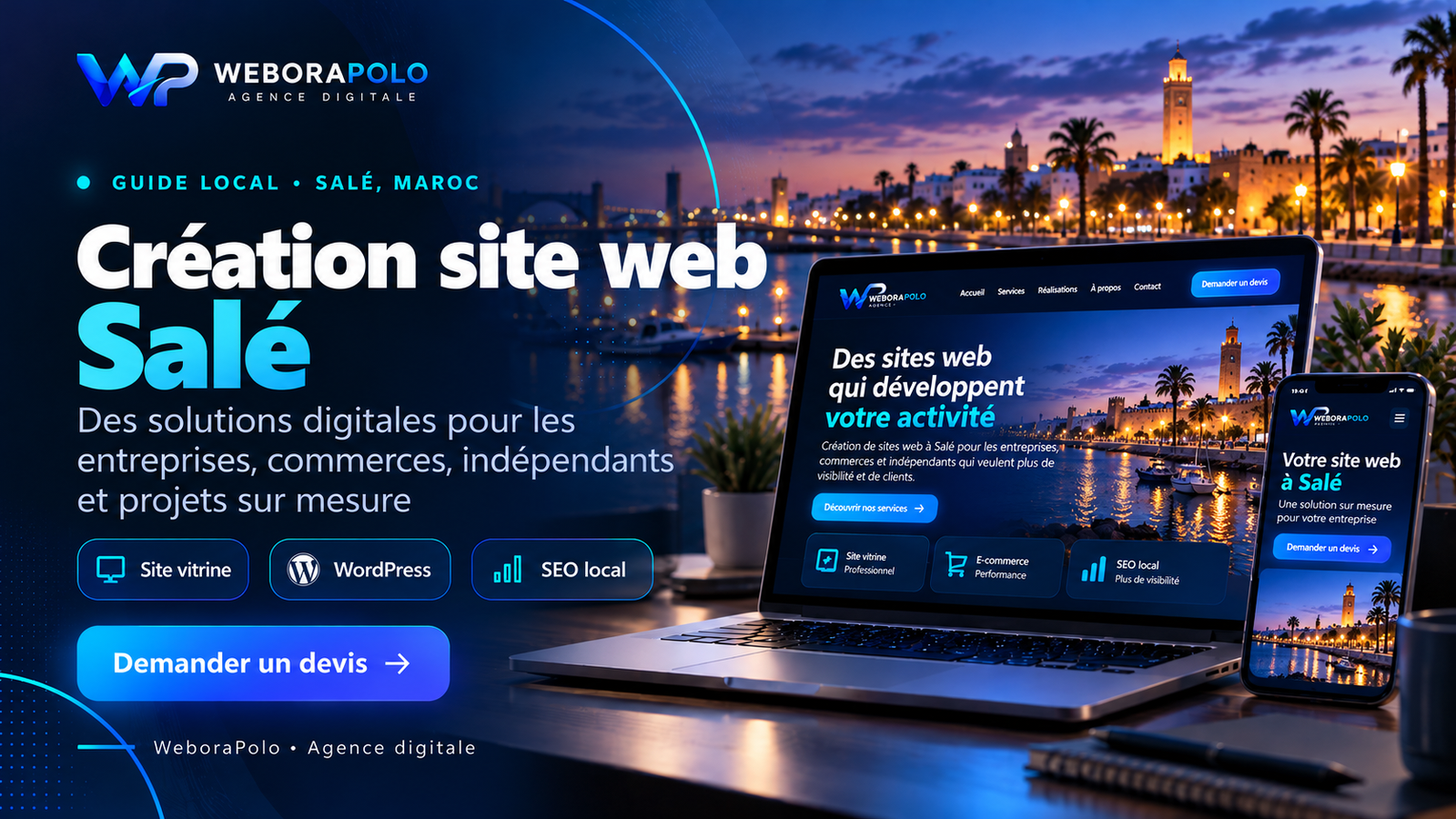 Création de site web à Salé avec WeboraPolo : visuel illustratif présentant un ordinateur, un smartphone, WordPress et le SEO local