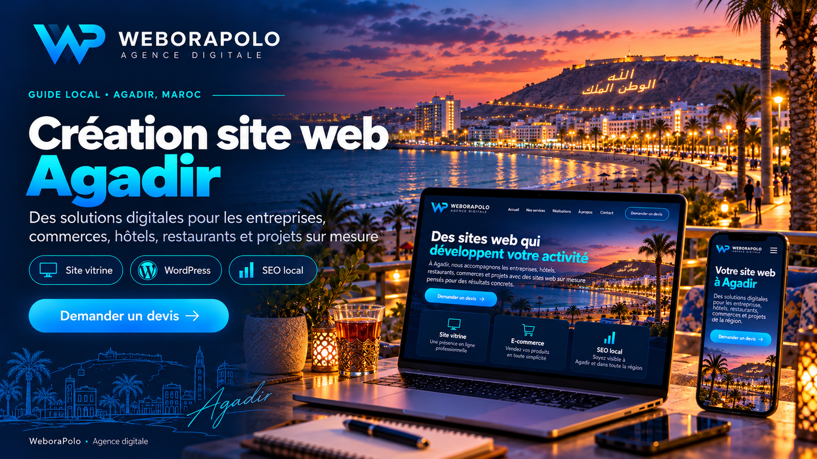 Création de site web à Agadir par WeboraPolo : ordinateur et smartphone présentant une agence digitale, avec la baie d’Agadir au coucher du soleil